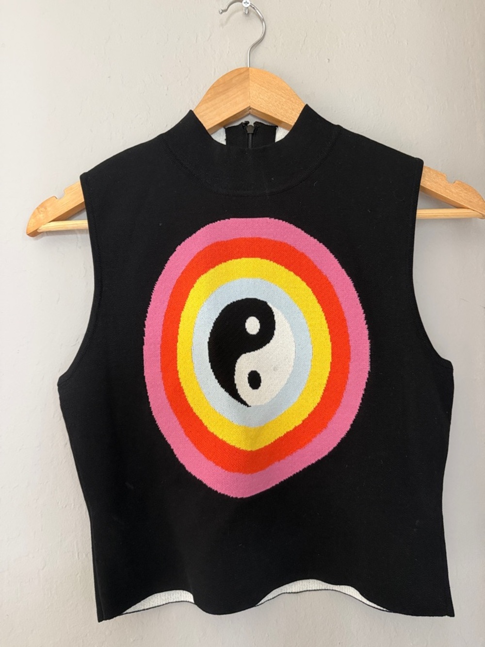STAUD Black Sleeveless Knit Top with Multicolor Rainbow Yin Yang Graphic